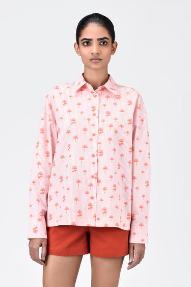 Palm Stripe Cotton Poplin Easy Fit Shirt- Coral Orange - Genes Lecoanet Hemant