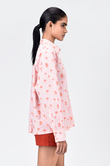 Palm Stripe Cotton Poplin Easy Fit Shirt- Coral Orange - Genes Lecoanet Hemant