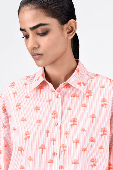 Palm Stripe Cotton Poplin Easy Fit Shirt- Coral Orange - Genes Lecoanet Hemant