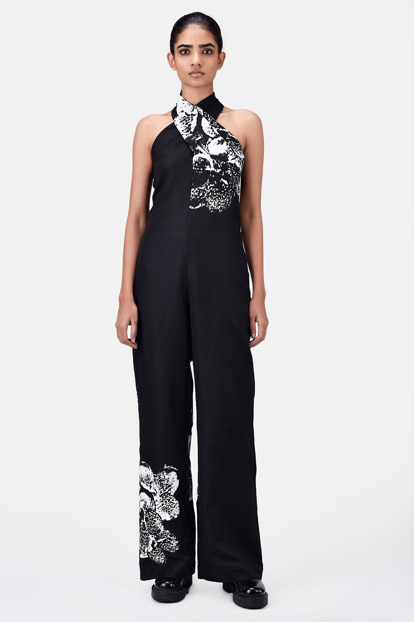 Elegant Orchid Print Jumpsuit with Back Neck Tie-Up