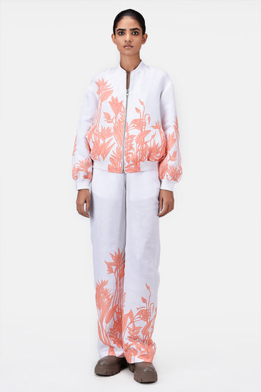 Relaxed Fit Linen Herringbone Bomber Jacket with Tropical Print Off White