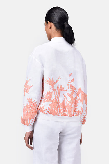 Relaxed Fit Linen Herringbone Bomber Jacket with Tropical Print Off White