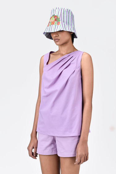 Cotton Poplin A-Line Sleeveless Top with Asymmetric Neck-Lavender - Genes Lecoanet Hemant