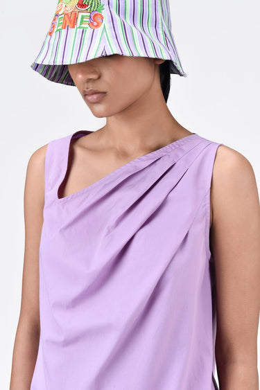 Cotton Poplin A-Line Sleeveless Top with Asymmetric Neck-Lavender - Genes Lecoanet Hemant