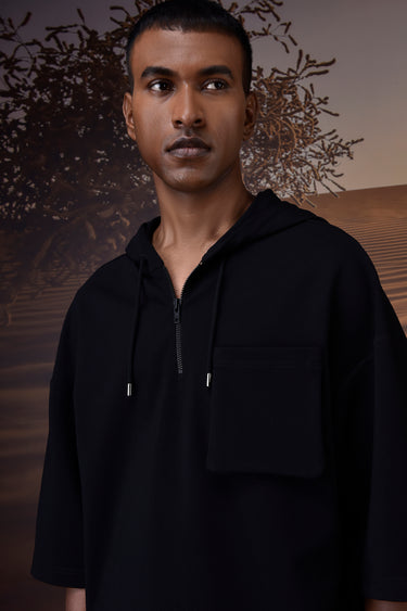 Black Textured Poly Lycra Hoodie