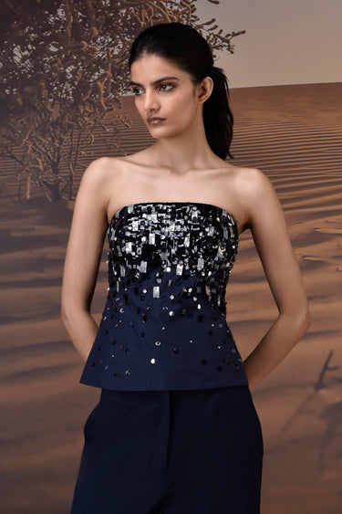 Navy Poly Wool Strapless Sequin Embellished Top - Main Image