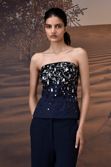 Navy Poly Wool Strapless Sequin Embellished Top