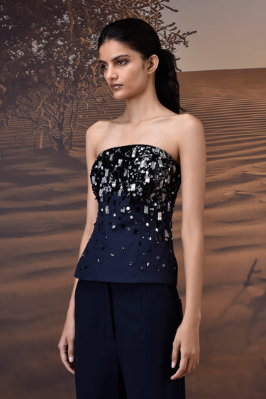 Navy Poly Wool Strapless Sequin Embellished Top