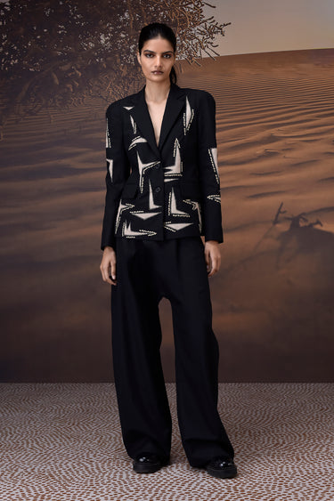 Black & Sand Embroidered Geometric Jacket - Genes Online Store