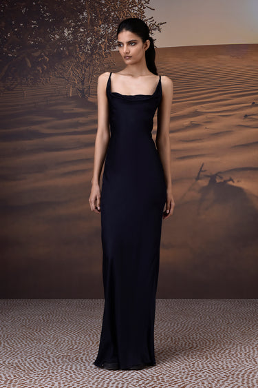 Deep Navy Viscose Satin Cowl Neck Gown