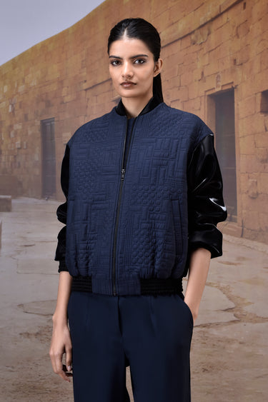 Navy Quilted Silk Viscose Bomber Jacket - Genes Online Store