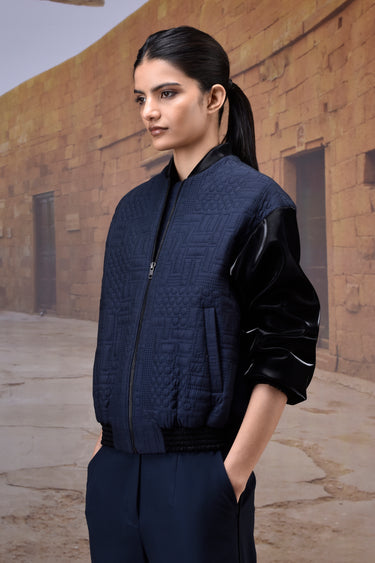Navy Quilted Silk Viscose Bomber Jacket - Genes Online Store