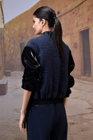 Navy Quilted Silk Viscose Bomber Jacket - Genes Online Store