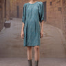 Retro blue pleated satin dress for women by Genes Lecoanet Hemant India