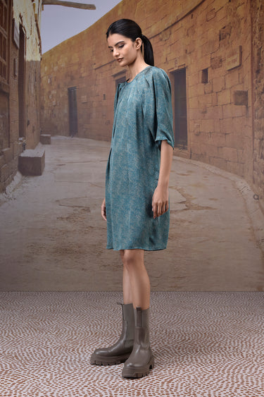 Blue pleated dress women India with fluid satin fabric and modern silhouette