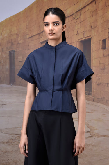 Navy Giza Cotton Top with Structured Sleeves