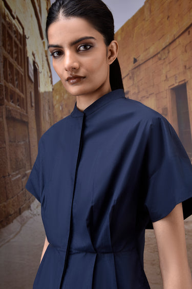 Navy Giza Cotton Top with Structured Sleeves