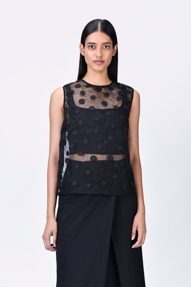 Black Poly Organza Straight Fit Top with Ravioli Embroidery