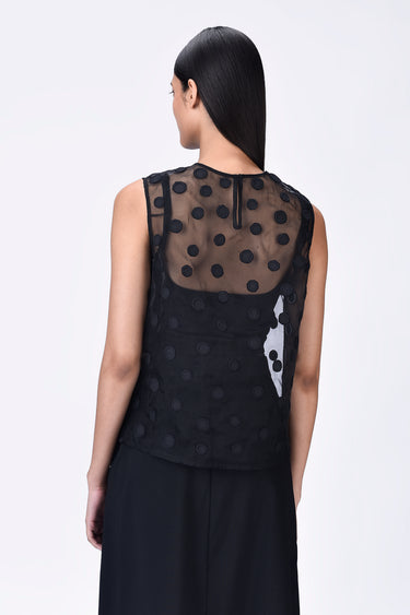 Black Poly Organza Straight Fit Top with Ravioli Embroidery