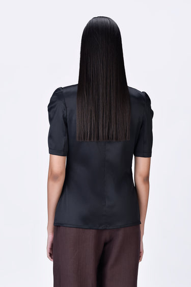 Black Poly Satin Slim Fit Top with Constructed Shoulders