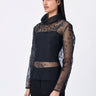 Black Poly Organza Relaxed Fit Turtle Neck Top with Micro Cell Applique