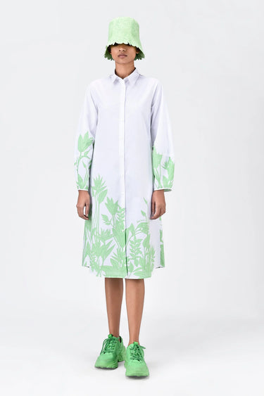 A-Line Cotton Poplin Shirt Dress with Tropical Print