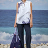 White and navy cotton poplin top for women with abstract graphic print