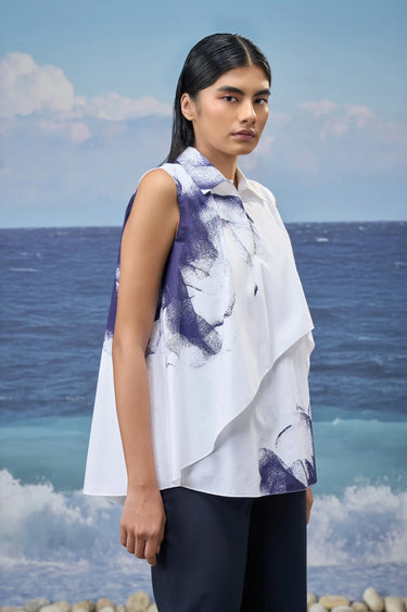 White and navy cotton poplin top for women showing breathable crisp fabric texture