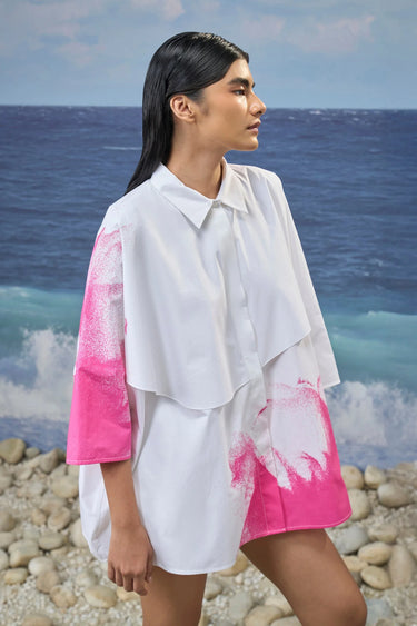 Women White & Pink Abstract Graphic Oversized Shirt