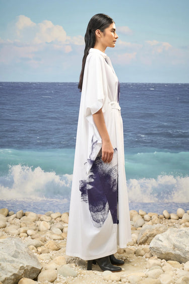Abstract Ink-Blot Oversized Belted Dress – White & Navy