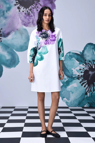 Anemone Flower Regular Fit Dress- White Green - Genes Online Store