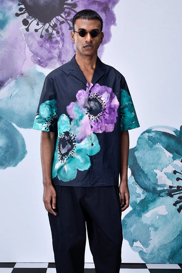 Anemone Flower Relax Fit Cuban Shirt- Green - Genes Online Store