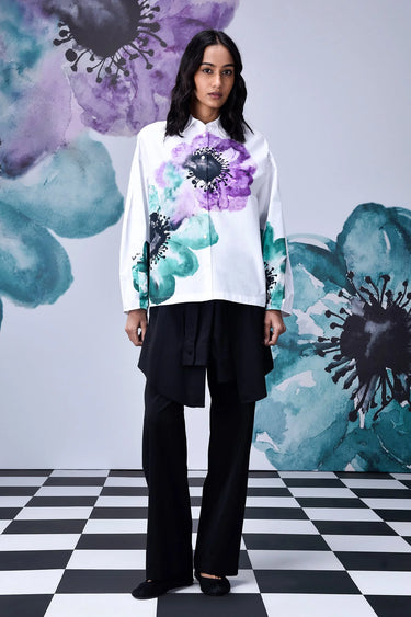 Anemone Flower Relaxed Fit Shirt- White Green - Genes Online Store