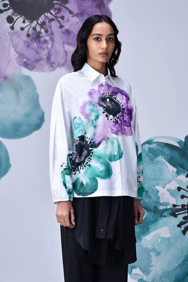 Anemone Flower Relaxed Fit Shirt- White Green - Genes Online Store