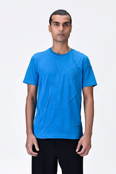 Azure Blue Cotton Jersey Regular Fit T-Shirt with Dart Details