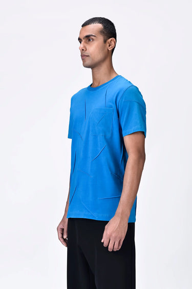 Azure Blue Cotton Jersey Regular Fit T-Shirt with Dart Details
