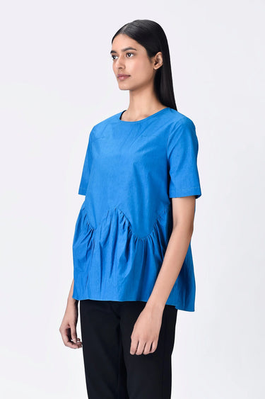 Azure Blue Giza Cotton Poplin Top - Blue