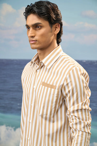Beige Premium Cotton Bold Stripe Long-Sleeve Shirt