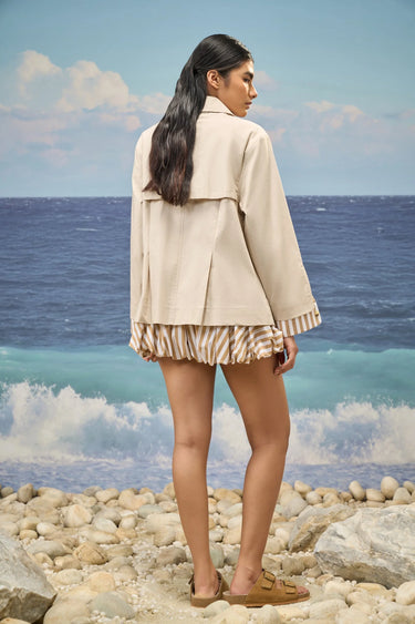 Beige Premium Cotton Lycra Jacket with Contrast Stripe Detail