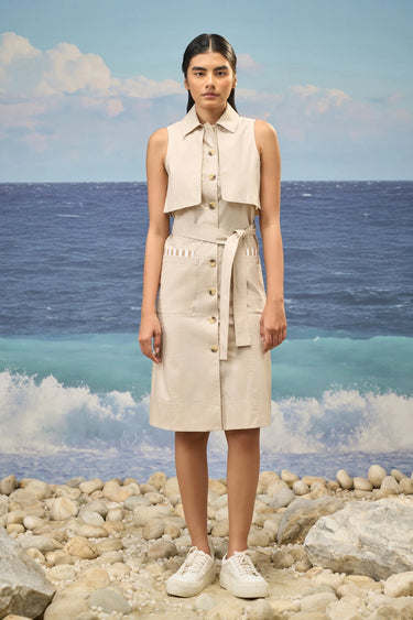 Beige Premium Cotton Lycra Sleeveless Shirt Dress