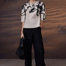Beige structured top for women with brushstroke print statement sleeves