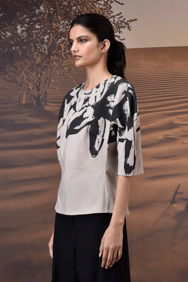 Premium beige structured top with contrast brushstroke sleeves for women