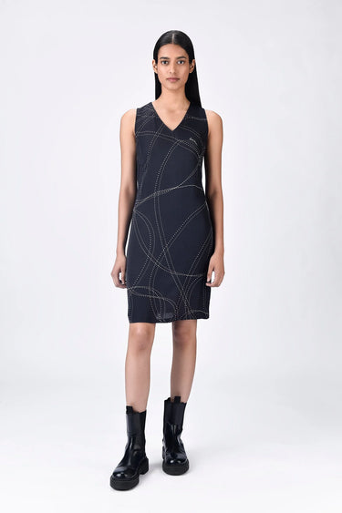 Black A-Line Giza Cotton Poplin Dress with Embroidery