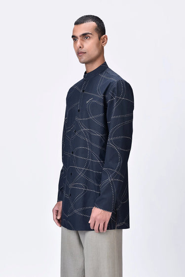 Black Band Collar Kurta with Dotted Aurora Print - Genes Lecoanet Hemant