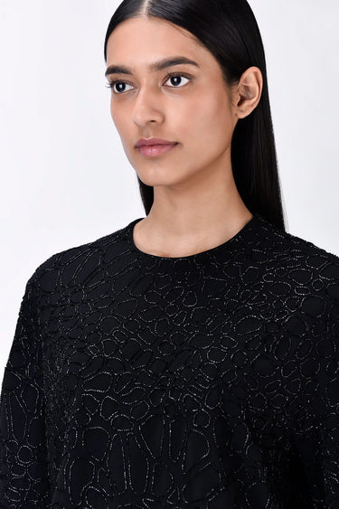 Black Cropped Heavy Crepe Sweatshirt with Embroidery