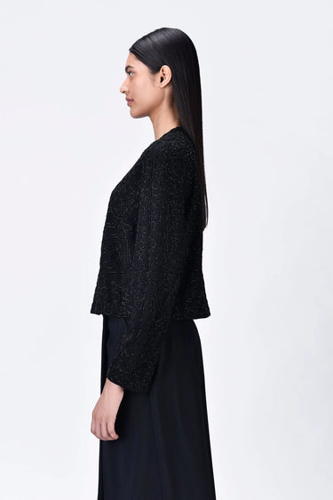 Black Cropped Heavy Crepe Sweatshirt with Embroidery