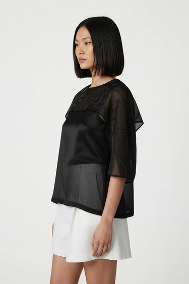 Black overlay top women India with embroidered detailing, elegant modern wear