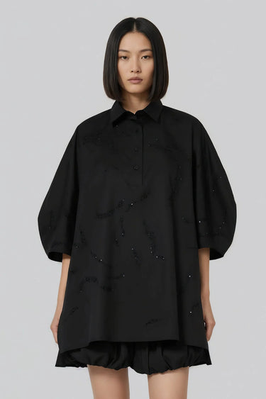 Women black designer oversized shirt with embroidery, luxury fashion India
