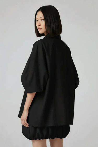 Black oversized shirt women India with embroidered detailing, modern designer wear