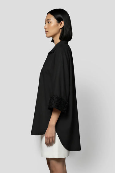 Black relaxed shirt women India with embroidered sleeves, modern designer fashion